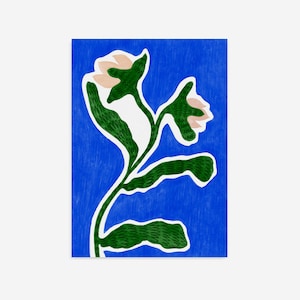 Arte botânica moderna, tons de azul, desenhos em giz de cera, estampas originais, arte abstrata de flores, decoração escandinava.