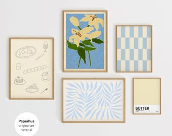 Blaue Neutrale Galerie Wand Set, minimalistische abstrakte botanische Drucke (Digitaler Download)