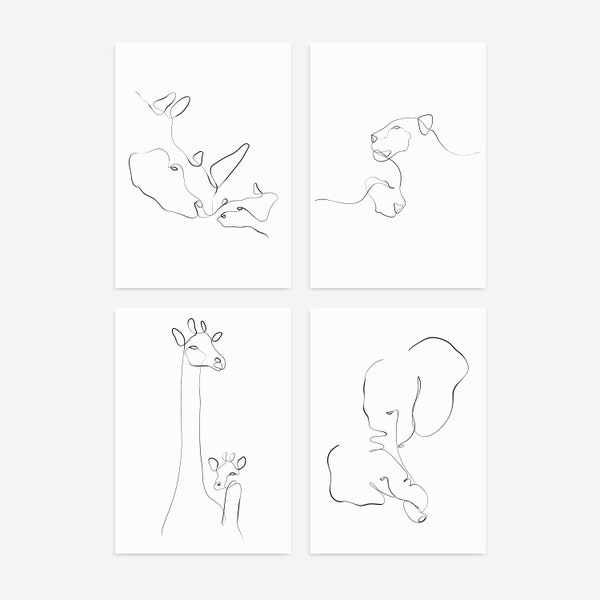 Set of 4 Nursery Wall Art, Animal Print Line Drawing, Safari Nursery, Minimalist Kids Room Art Decor, Minimal Nursery, Modern Nursery Art