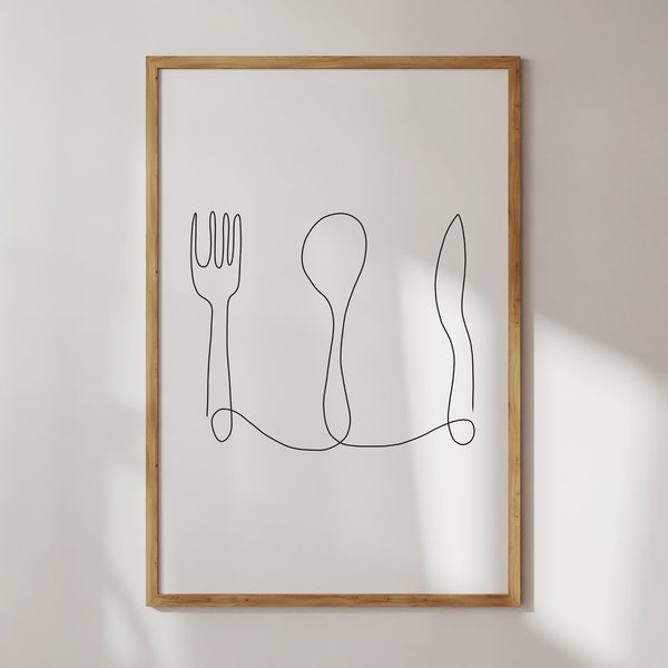 Besteck Druck Fine Line, Kitchen Prints, Kitchen Art, Line Drawing, Printable, Minimal Print, Gallery Wall, Home Decor, Messer und Gabel Kunst