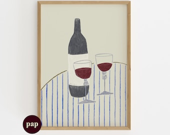 Wine illustration Print | Handmade poster | Kitchen Art | Printable Human made art By Paperhus