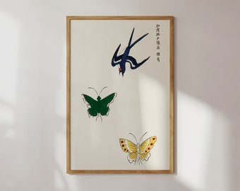 Bird & Butterfly Print, Vintage Art, Japanese Wall Art, Poster, Japanese Printable Wall Art, Japanese Prints, Flying Birds Art