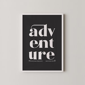 Arte mural con tipografía de aventuras / Póster con cita moderna / Decoración imprimible en blanco y negro / Impresión digital inspirada en definiciones / Arte motivacional