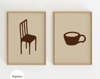 Print Set Of 2 | Handmade Posters | Wooden Chair & Coffee Cup Print  (Digital Download)