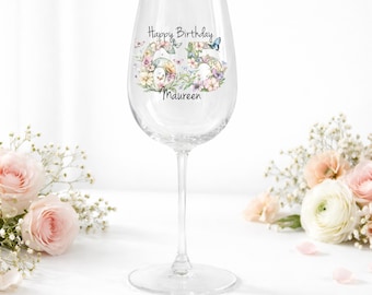 65th Birthday Wine Glass Personalised | Custom Name Floral Wine Glass | Gift for Her Mum | 65th Birthday Gift Idea | Keepsake Glass
