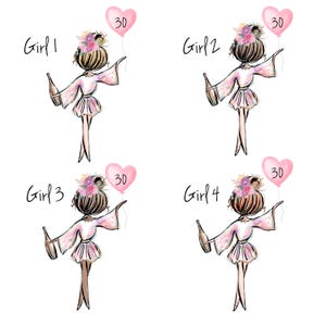 K&ouml;nnte beinhalten: Illustration von vier Figuren, jede von hinten dargestellt, die eine Flasche und einen herzf&ouml;rmigen Ballon mit der Zahl 30 halten. Die Figuren tragen rosa und wei&szlig;e Outfits und haben Blumenschmuck im Haar. Der Text "Girl 1", "Girl 2", "Girl 3" und "Girl 4" ist &uuml;ber jeder Figur geschrieben.