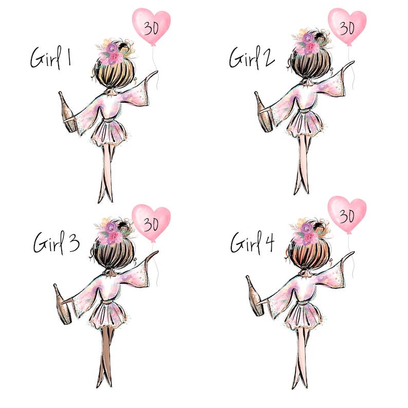 K&ouml;nnte beinhalten: Illustration von vier Figuren, jede von hinten dargestellt, die eine Flasche und einen herzf&ouml;rmigen Ballon mit der Zahl 30 halten. Die Figuren tragen rosa und wei&szlig;e Outfits und haben Blumenschmuck im Haar. Der Text "Girl 1", "Girl 2", "Girl 3" und "Girl 4" ist &uuml;ber jeder Figur geschrieben.