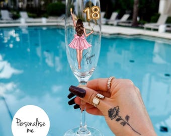 Personalised 18th Birthday Champagne Flute – Custom Skin, Hair & Dress Colours