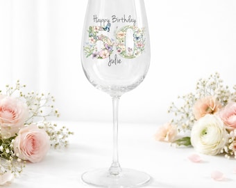 50th Birthday Wine Glass Personalised | Custom Name Floral Wine Glass | Gift for Her Mum | 50th Birthday Gift Idea | Keepsake Glass