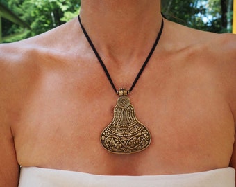 Bronze pendant, brass necklace, gold necklace, bronze pendant necklace, african bronze pendant, black cord pendant, gold pendant necklace