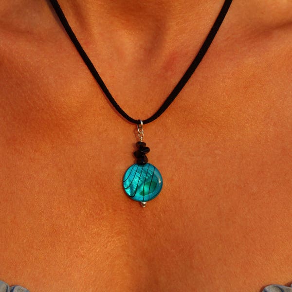 Turquoise pendant, blue pendant, turquoise pendant necklace, mother of pearl necklace, pendant necklace, black necklace, onyx pendant