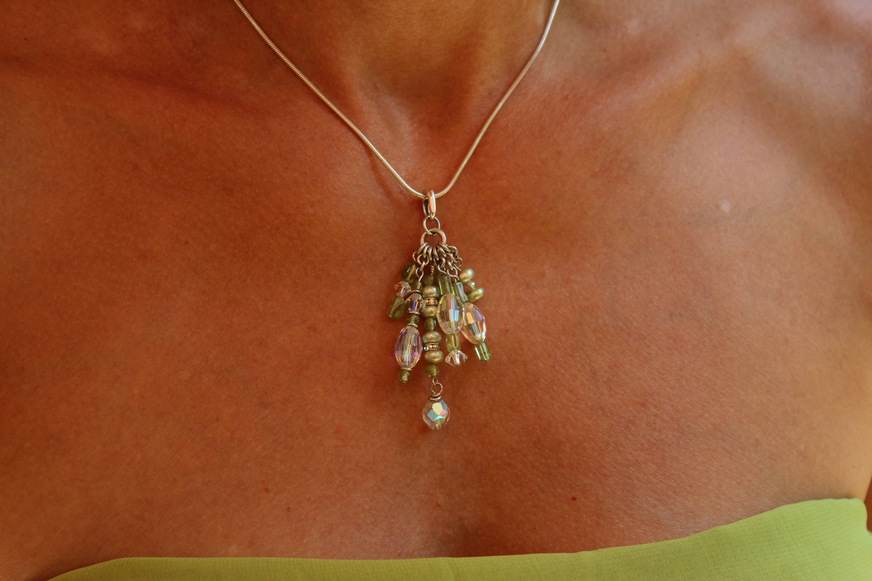 Green pendant necklace, peridot pendant necklace, pearl pendant, crystal pendant, genuine peridot necklace, crystal necklace, pearl necklace