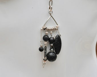 Sterling silver chain, black pendant chain, lava stone necklace, hematite necklace, black & silver necklace, black necklace, tassel necklace