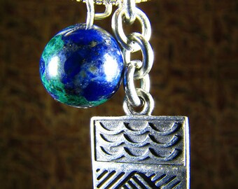 Sterling silver pendant chain, earth symbol chain, Gaïa symbol chain, unisex chain pendant, silver chain necklace, azurmalachite pendant