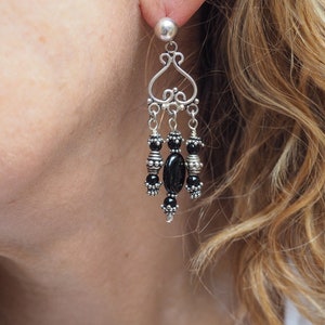 Black onyx drop earrings, silver & black onyx chandelier earrings, onyx sterling silver earrings, sterling drop earrings, onyx stud earrings