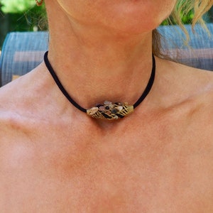 Sapphire choker, raw sapphire necklace, black faux suede choker, brass choker,  black choker, black necklace, brass necklace, sapphire beads