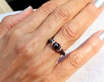 Hematite ring, black ring, rose gold pavé ring, elastic ring, hematite elastic ring, black and rose gold ring, hematite stretch ring, ring