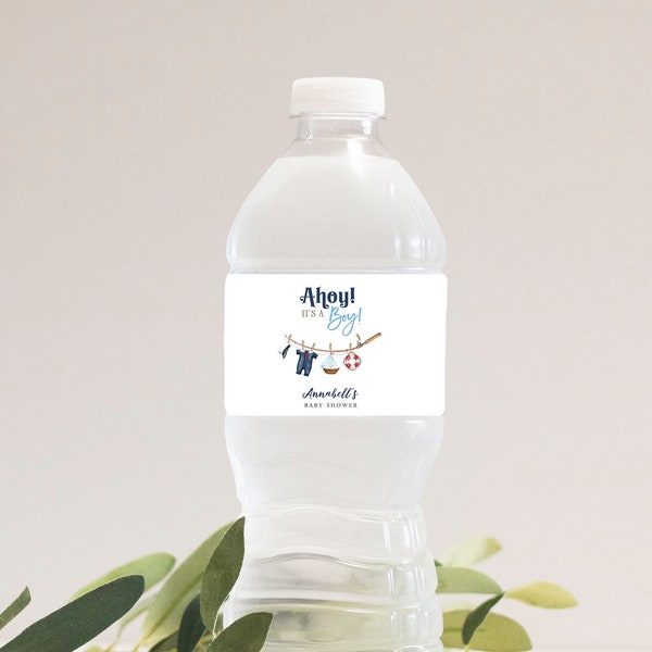 Ahoy it's a Boy Water Bottle Label, Nautical Sailor Baby Shower Water Bottle Sticker, Instant Editable Digital or Printed, BA-42723
