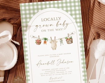 Faire-part de baby shower vert cultivé localement, invitation de baby shower du marché de producteurs, modèle local, imprimé ou modifiable instantanément, BA222725