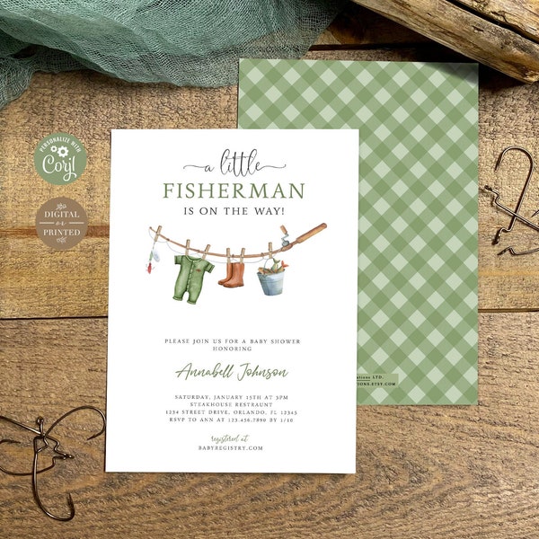 Fishing Baby Shower Invitation | Fisherman is on the Way Baby Shower Invite | Instant Editable Digital or Printed  | BA-20123