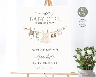 Boho Baby Girl Clothesline Welcome Baby Shower Sign, Instant Editable Digital or Printed, BA82023