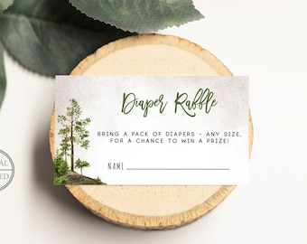 Deja que la aventura comience la tarjeta de inserción de la rifa de pañales, Woodland Forest Baby Shower Insert, Editable Instant Digital o Printed, BA-61423