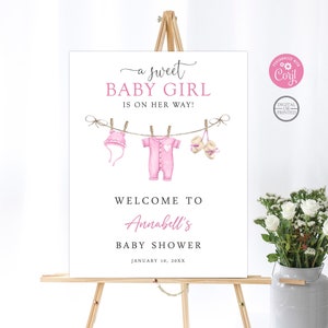 Boho Baby Girl Clothesline Welcome Baby Shower Sign, Instant Editable Digital or Printed, BA-31023