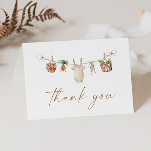 Locally Grown Thank You Cards, Farmers Market Folded Card Baby Shower Stationary, Instant Editable Digital or Printed, BA222725