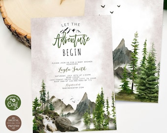 Let the Adventure Begin Baby Shower Invitation, Woodland Forest Mountain Baby Shower Invite, Editable Digital or Printed, BA-61423