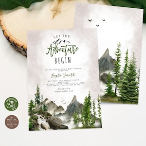 Let the Adventure Begin Baby Shower Invitation, Woodland Forest Mountain Baby Shower Invite, Editable Digital or Printed, BA-61423