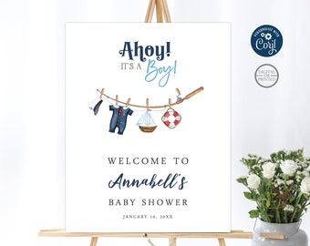 Ahoy Baby Shower Welcome Sign, Nautical Sailor Instant Editable Digital or Printed, BA-42723