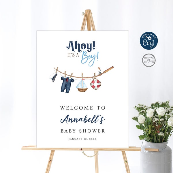 Ahoy Baby Shower Welcome Sign, Nautical Sailor Instant Editable Digital or Printed, BA-42723