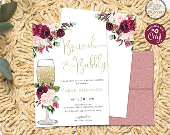 Brunch and Bubbly Bridal Shower Invitation | Floral Brunch Bridal Shower Invite | Instant Digital or Printed