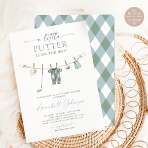 May include: Baby shower invitation with a golf theme. The invitation features the text "a little PUTTER is on the way!" and includes illustrations of golf-related items. The background has a green and white argyle pattern.