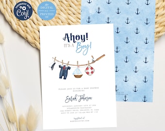 Ahoy it's a Boy Baby Shower Invitation, Nautical Baby Shower Invite, Instant Editable Digital or Printed, BA-42723