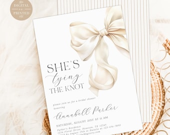 Invitación para despedida de soltera "She's Tying the Knot", elegante invitación para despedida de soltera con lazo color crema, edición instantánea digital o impresa, BR2625