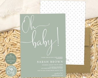 Sage Green Baby Shower Invitation | Oh Baby Shower Invite | Instant Digital or Printed