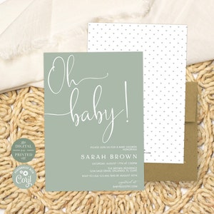 Sage Green Baby Shower Invitation | Oh Baby Shower Invite | Instant Digital or Printed