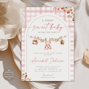 Berry Sweet Baby Shower Invitation, Strawberry Baby Shower Invite, Printed or Instant Editable Template, BA3625