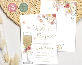 Petals and Prosecco Bridal Shower Invitation, Pink Floral Bridal Shower Invite, Instant Editable Digital or Printed, BR-62623