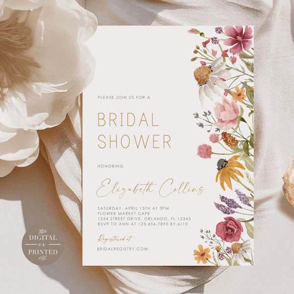 Boho Bridal Shower Invitation, Bohemian Invitation, Wildflower Bridal Shower Invitation, Instant Editable Digital or Printed, BR121524