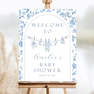 Vintage Floral Welcome Baby Shower Sign, Blue Floral, Instant Editable Digital or Printed, BA41625