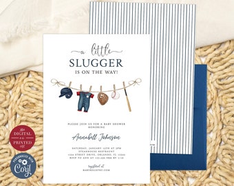 Baseball Baby Shower Invitation | A Little Slugger is on the Way Invite | Editable Digital or Printed | BA-20623