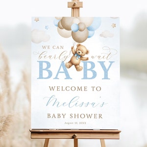 Bear Balloon Welcome Baby Shower Sign, Bearly Wait, Instant Editable Digital or Printed, BA93024