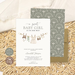 Boho Girl Baby Shower Invitation, Boho Baby Clothes, Editable Instant Digital or Printed, BA82023