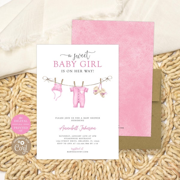 Girl Baby Shower Invitation, Boho Baby Clothesline, Instant Digital or Printed, BA-31023
