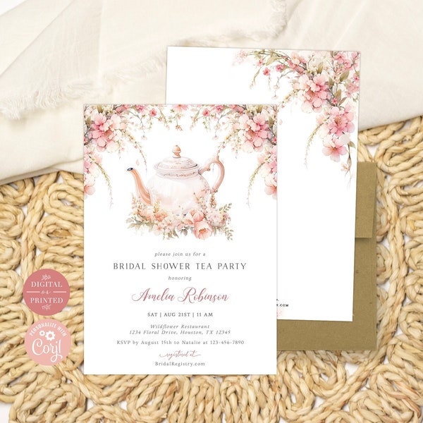 Tea Party Bridal Shower Invitation, Floral Bridal Shower Invitation, Tea Party Invitation, Printed or Digital Invitation