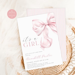 Modern Pink Bow Baby Shower Invitation, Blush Pink Elegant Bow Invite Template, It&#39;s a Girl, Printed or Instant Digital, BA12325