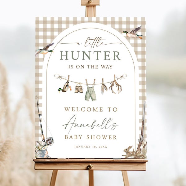 Hunting Welcome Baby Shower Sign, A Little Hunter is on the Way, Instant Editable Digital or Printed, BA102025