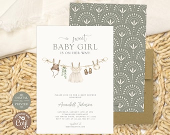 Boho Girl Baby Shower Invitation, Boho Baby Clothes, Editable Instant Digital or Printed, BA82023